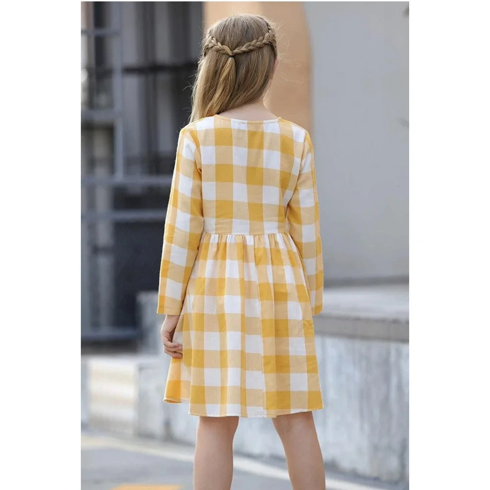 GORLYA Girls Sz 12 Plaid Long Sleeve Button Up Pleated Waist Linen Midi Dress